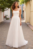 Simple Ivory A Line Square Neck Sweep Train Wedding Dress