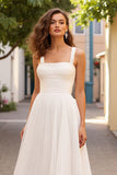 Simple Ivory A Line Square Neck Sweep Train Wedding Dress