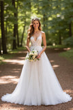 Ivory Tulle A Line Corset Sweep Train Backless Wedding Dress with Lace