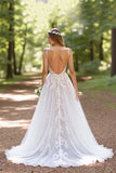 Ivory Tulle A Line Corset Sweep Train Backless Wedding Dress with Lace