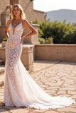Mermaid Ivory Lace Spaghetti Straps Sweep Train Wedding Dress