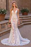 Lace Mermaid Ivory Spaghetti Straps Sweep Train Boho Wedding Dress