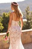 Lace Mermaid Ivory Spaghetti Straps Sweep Train Boho Wedding Dress