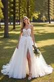 Ivory Sweetheart Corset Tulle Sweep Train Wedding Dress with Lace