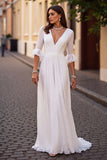 Ivory V-Neck Chiffon Half Sleeves Sweep Train Wedding Dress