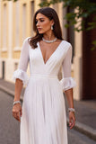 Ivory V-Neck Chiffon Half Sleeves Sweep Train Wedding Dress