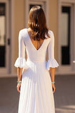 Ivory V-Neck Chiffon Half Sleeves Sweep Train Wedding Dress