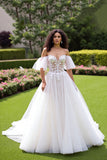 Ivory A Line Tulle Corset Sweep Train Wedding Dress with Lace