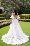 Ivory A Line Tulle Corset Sweep Train Wedding Dress with Lace
