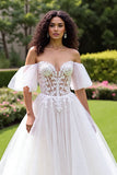 Ivory A Line Tulle Corset Sweep Train Wedding Dress with Lace