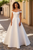 Elegant Satin Ivory Off the Shoulder A Line Sweep Train Wedding Dress
