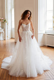 Tulle Sweep Train Ivory Corset Spaghetti Straps Wedding Dress with Appliques