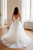 Tulle Sweep Train Ivory Corset Spaghetti Straps Wedding Dress with Appliques