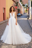 Ivory V-Neck A Line Backless Tulle Sweep Train Wedding Dress