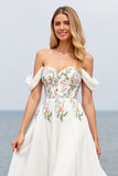 Ivory A Line Floral Sweep Train Chiffon Wedding Dress with Slit