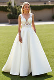Satin Ivory A Line V-Neck Sweep Train Wedding Dress with Lace
