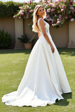 Satin Ivory A Line V-Neck Sweep Train Wedding Dress with Lace