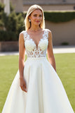 Satin Ivory A Line V-Neck Sweep Train Wedding Dress with Lace