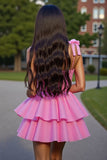 Glitter Pink Corset Short Tiered A Line Prom Dress with Lace