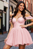 Blush Corset A Line Tulle Short Prom Dress with Appliques
