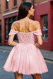 Blush Corset A Line Tulle Short Prom Dress with Appliques