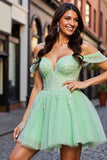 Blush Corset A Line Tulle Short Prom Dress with Appliques