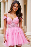 Pink A Line Short Corset Tulle Prom Dress with Appliques