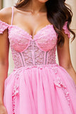 Pink A Line Short Corset Tulle Prom Dress with Appliques
