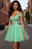 Light Green A Line Tulle Corset Short Prom Dress with Appliques