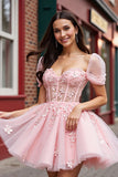 Blush Floral Corset Tulle Short Prom Dress
