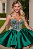 Sparkly Dark Green Short Satin Prom Dress with Beading