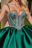 Sparkly Dark Green Short Satin Prom Dress with Beading