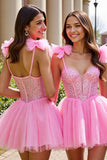 Sparkly Pink Corset A Line Short Tulle Prom Dress with Sequins
