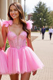 Sparkly Pink Corset A Line Short Tulle Prom Dress with Sequins