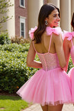 Sparkly Pink Corset A Line Short Tulle Prom Dress with Sequins
