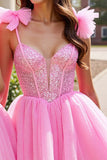 Sparkly Pink Corset A Line Short Tulle Prom Dress with Sequins