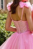 Sparkly Pink Corset A Line Short Tulle Prom Dress with Sequins