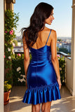 Short Satin Royal Blue Bodycon Prom Dress with Ruffles