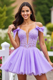 A Line Corset Lavender Short Tulle Prom Dress with Lace