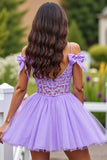 A Line Corset Lavender Short Tulle Prom Dress with Lace