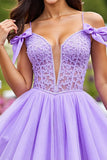 A Line Corset Lavender Short Tulle Prom Dress with Lace