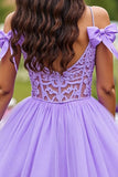 A Line Corset Lavender Short Tulle Prom Dress with Lace