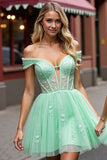 Mint Green Tulle A Line Corset Short Prom Dress with Lace