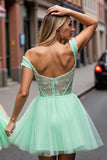 Mint Green Tulle A Line Corset Short Prom Dress with Lace