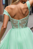 Mint Green Tulle A Line Corset Short Prom Dress with Lace