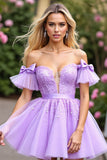 Cute Corset Lavender Short Tulle Prom Dress with Appliques