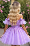 Cute Corset Lavender Short Tulle Prom Dress with Appliques