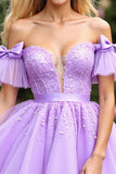 Cute Corset Lavender Short Tulle Prom Dress with Appliques