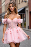 Blush Corset 3D Flowers Short Prom Dress with Lace