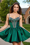 Sparkly Dark Green Satin Beaded Short Prom Dress